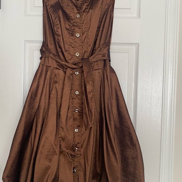 Frank Lyman Brown Metallic Taffeta Bubble Hem Large Collar Button Down Sz 8 - Picture 5 of 8